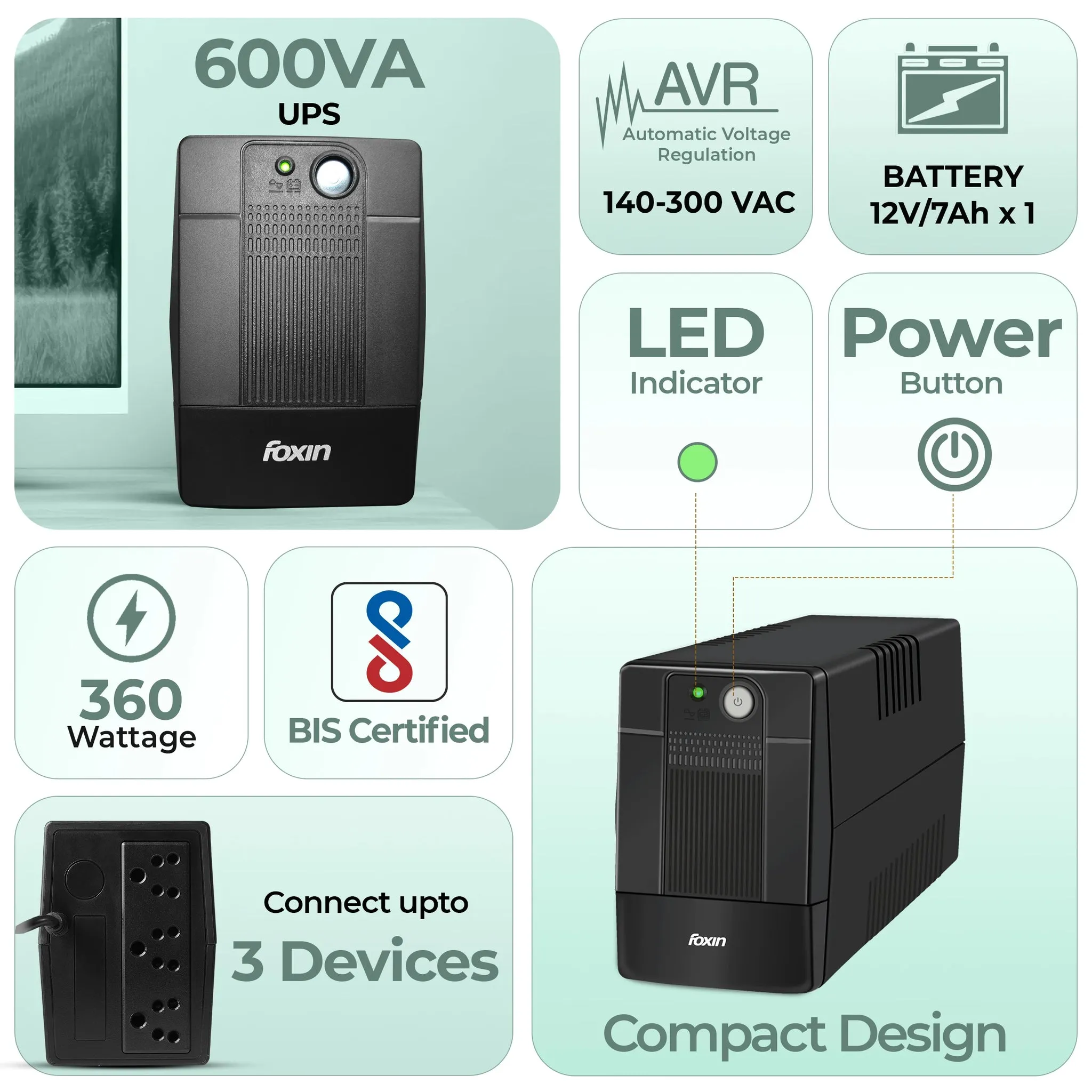 Foxin UPS 600VA FPS 755 (2+2 Warranty) view 3